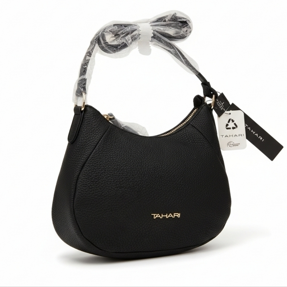 Tahari Crescent Burke Crossbody Bag In Black Pebbled Vegan Leather Silver NWT